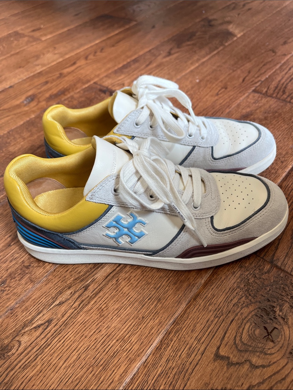 Tory Burch Cream Leather Sneakers with Yellow and Blue Accents
